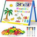 SWANCROWN Magnetic Board for Kids-Tabletop White Board for Children- 24x18 Inch Double Sided Foldable Dry Erase Board Standing with 82Pcs Alphabet Magnets Whiteboard Letters (tabletop Whiteboard)