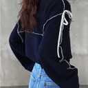 Verdusa Women's Bow Tie Oversized Tees Crew Neck Long Sleeve Drop Shoulder Pullovers, Small, Dark Blue