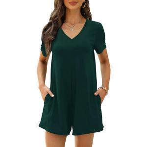 Women's Summer Short Sleeve V Neck Short Jumpsuit Loose Casual Romper with Pockets (Dark Green)