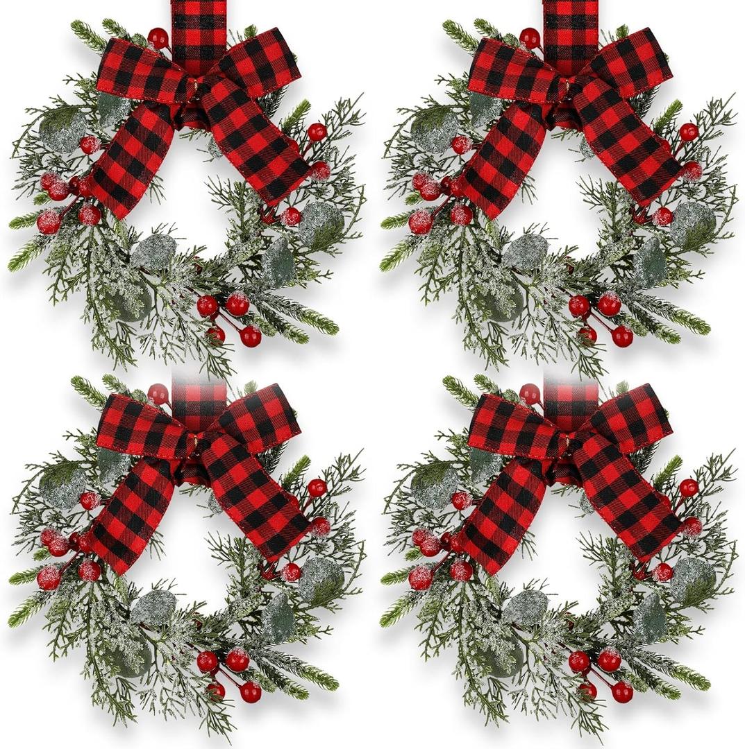 Syhood 4 Pcs 9" Mini Christmas Wreath Mini Cabinet Wreaths for Kitchen Christmas Red Berry with Red and Black Plaid Bow Farmhouse Wreath for Holiday Xmas Party Decorations (Elegant Style)