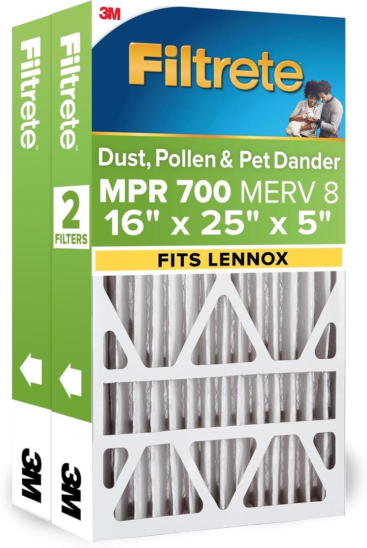 Filtrete 16x25x5 Air Filter, Fits Lennox, MERV 8, MPR 700, 2 HVAC Filters | Dust, Pollen, & Pet Dander, 12-Month AC/Furnace Filters, Cleaner Air, Reliable Airflow (Act. Size 15.44x24.63x4.31 in)