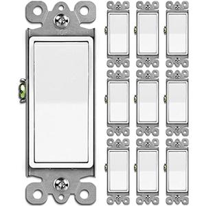 BESTTEN 10 Pack Single Pole Decorator Wall Light Switch, 15A 120/277V, Paddle Light Switch, On/Off Rocker Interrupter, UL Listed, White