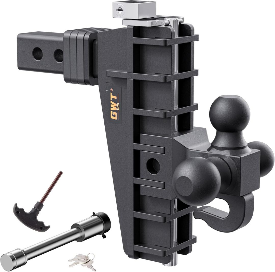 Adjustable Trailer Hitch with Hook, Tri-Ball (1-7/8" x 2" x 2-5/16") Drop Hitch, Fits 2-Inch Receiver, 8 Inch Drop Hitch, 18500 LBS GTW-Class 3 Tow Hitch for Heavy Duty Truck, Black, Solid Ball Mount