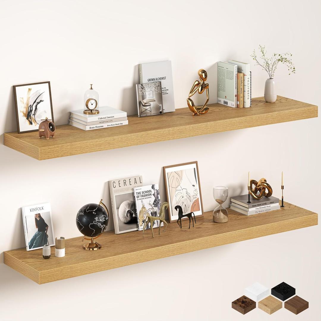 Fun Memories 72 Inch Floating Shelves, 12 Inch Deep Wall Shelf for Fireplace Mantel, Deep Storage Shelves for Home & Office, Long Floating Shelf with Invisible Bracket, Oak, Set of 2