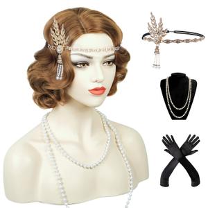 1920s Brown Flapper Vintage Wig for Women Finger Wave Wig Lady Short Curly Wig Halloween Party Cosplay Costume Synthetic Hair Wig + Accessories