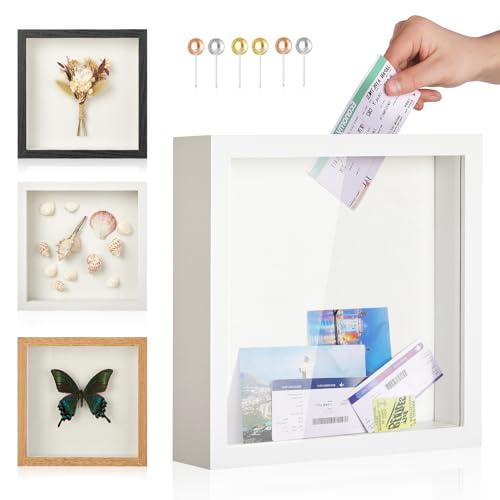 MUXIUNT Travel Adventure Challenge Archive Shadow Box Picture Frame with Slot,12x12 Travel Ticket Card Memory Box for Keepsake Box, Top Loading Shadow Box Display Case Travel Decor Gift (White,12x12)