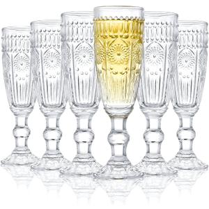 Kingrol 6 Pack 5 Ounces Glass Champagne Flutes, Vintage Sparkling Wine Glasses for Champagne, Cava, Prosecco