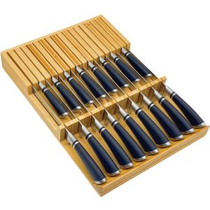 Bamboo Knife Drawer Storage Organizer Insert | 17-Slot Kitchen Knife Block with Anti-Slip Design| Space-Saving Kitchen Storage (16.6"x11.6"x2.1")