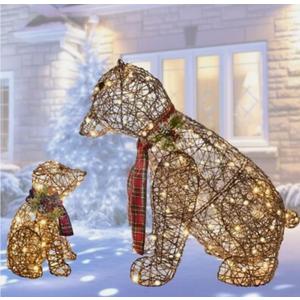 Lighted Rattan Polar Bear Family 2PCS - Large All-Weather Light Up Outdoor Christmas Décor for Front Yard and Lawn with 140 LED Lights, Zip Ties, Extension Cord, and Ground Stakes