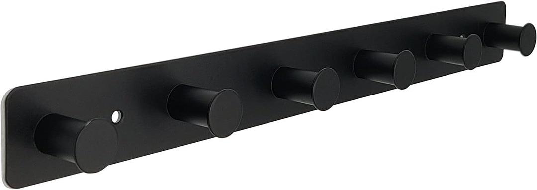 Coat Rack Wall Mounted, Black Coat Hooks Adhesive & Screw in, Stainless Steel Door Hooks for Hanging Hat Towels Clothes, Hook Rail with 6 Round Hangers