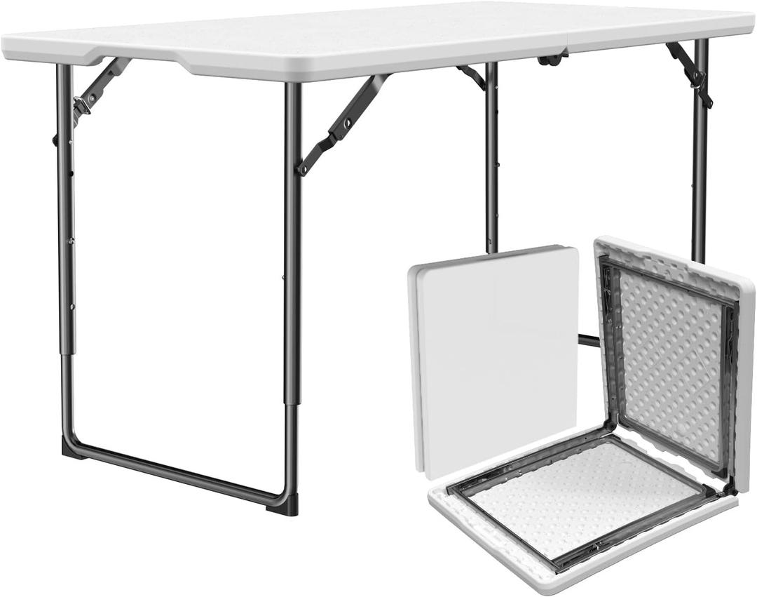 Folding Table 4ft - Heavy Duty Fold-in-Half Plastic Table with Adjustable Height, Portable Utility Tables with Steel Legs for Indoor, Outdoor, Picnic, Camping, Dining, Party (White)