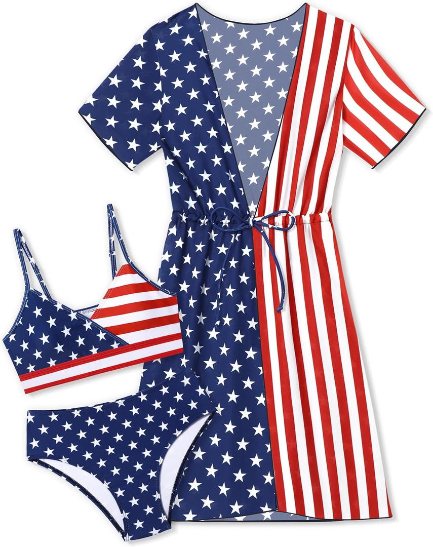 KANGKANG Girls Swimsuit 3 Piece Tropical Print Bikini Set V-Neck Bathing Suit with Drawstring Cover Up Girls' Swimwear 7-16T (9-10 Years, Blue+red)