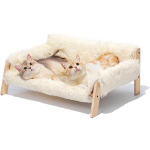 MEWOOFUN Cat Couch Bed, Pet Sofa for Indoor Cats Wooden Indoor Elevated Cat Beds with Removable Mattress Cover Suitable for Kitty, Puppy or Small Animal (Beige, Large)