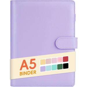 Sooez A5 binder 6 Ring, Refillable Notebook Planner Cover, Small Leather Organizer Empty Binder for Budget,Journal,Photocard Holder,Recipe Book, Aesthetic Loose Leaf Binder with Magnetic Buckle,Purple (Lavender)
