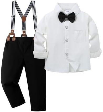 YALLET Toddler Baby Boy Clothes Suit Gentleman Outfits Formal Dress Shirt + Bowtie + Suspender Pants Wedding Party(L White-Black, 12-18 Months)