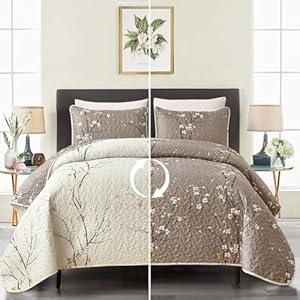 DJY Beige Quilt Set Queen Size - Branch Botanical Pattern Bedspread Coverlet Set, 3 Piece Cream Beige Floral Quilt Bedding Set, Soft Lightweight Microfiber Bed Cover for All Season, 96''x90''