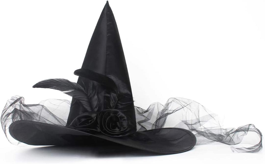 JUSTOTRY Halloween Witch Hat - Halloween Costume Witches Hats for Women attached with Roses & Feathers (Black)
