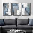 Framed Blue and Grey Abstract Wall Art, 3 Piece Modern Canvas Prints Paintings Artwork for Walls, Minimalist Abstract Block Pictures for Living Room Dining Room Lounge Bedroom Wall Decor 16x24 In