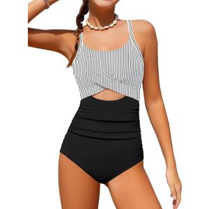 Girl Swimsuit One Piece Cutout Ruched Bathing Suit for Girls Color Block Adjustable Straps Pad Swimwear 9-16y (15-16 Years, Black Stripes)