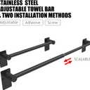 Towel Bar, 14inch to 25inch Adjustable Towel Holder Rod, Self Adhesive Wall Mounted Hand or Body Towel Rack for Bathroom Kitchen, 304 Stainless Steel Organizer Single Bar Matte Black