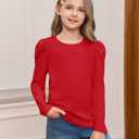 Haloumoning Girls Puff Long Sleeve T Shirts Casual Crewneck Loose Fit Tee Tops Kids Fall Clothes 140 (Red)