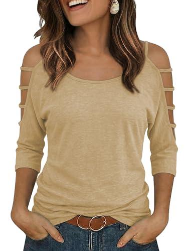 Shirts for Women Cold Shoulder 3/4 Sleeve Cutout Arm Tops Sexy Going Out Casual Y2k Cute Blouse Tops for Daily,L,Beige. Size Large