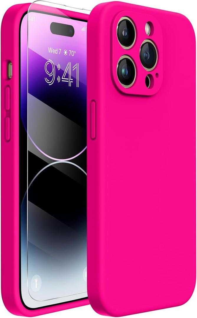 Miracase Designed for iPhone 14 Pro Max Phone Case with Screen Protector,[Upgraded Enhanced Camera Protection],Shockproof Liquid Silicone Case with Microfiber Lining,6.7 inch, Hot Pink