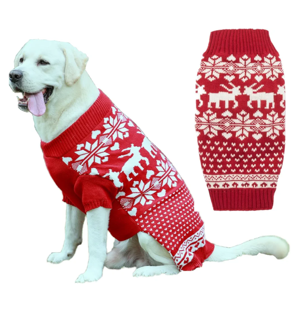 Lanyarco Red Reindeer Large Christmas Dog Sweater, Knit Winter Holiday Festive Pet Dog Christmas Sweaters for Large Breeds Dogs, XXX-Large (3XL) Size 25" Back