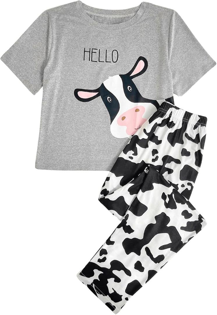 WDIRARA Women's Graphic Print Sleepwear Round Neck Short Sleeve Tee and Pants Pajamas Set (Large, Multicolor Cow)