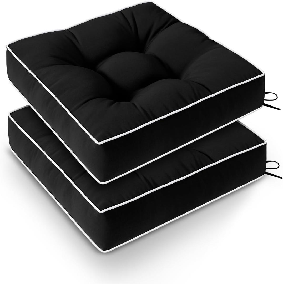 Outdoor Chair Cushions Set of 2, Patio Cushions for Outdoor Furniture, Tufted Waterproof Outdoor Chair Pads, 17 x 17 Inch, Black