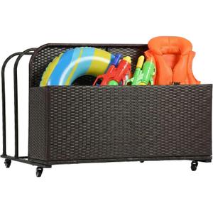 FDW Pool Float Storage Poolside Storage Bin Holder Storage Rack with Wheels PE Rattan Basket Open Compartments for Floaties Noodles Life Vests Beach Balls Equipment Cushions Patio furniture