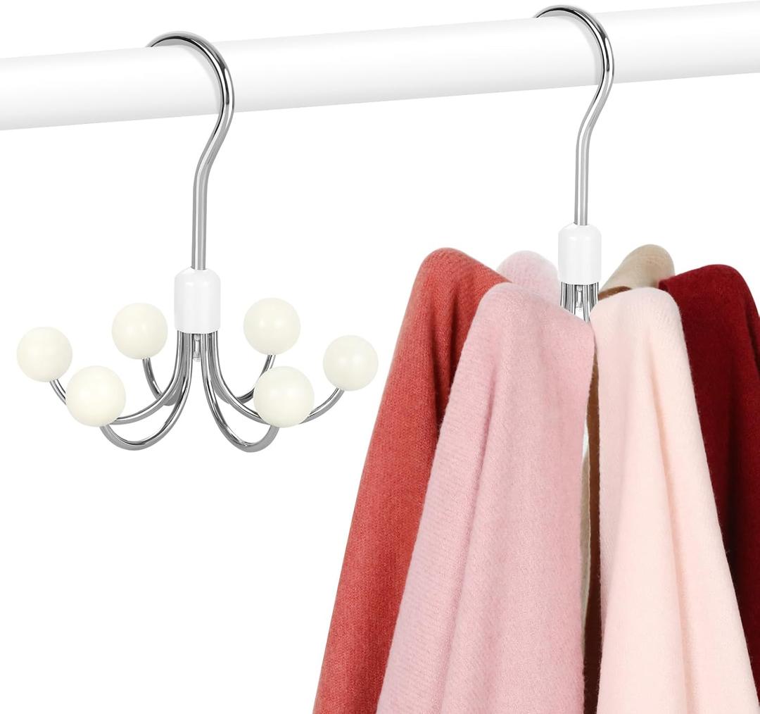 TOPIA HANGER Hoodie Hangers 2-Pack with 6 Wood Balls, 360Swivel Purse Hanger, Scarf Hanger, Closet Hooks, Handbag Organizer, Bra Hanger, Accessory Organizers for Scarf, Tanktop, Hat, Hoodie CT43W (White)
