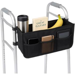 Walker Basket - Foldable Walker Bag with Cup Holder - Fits Folding Walkers - Ideal Walker Accessories for Seniors with Limited Mobility to Carry Water Bottles, Books, Essentials & More (Black)