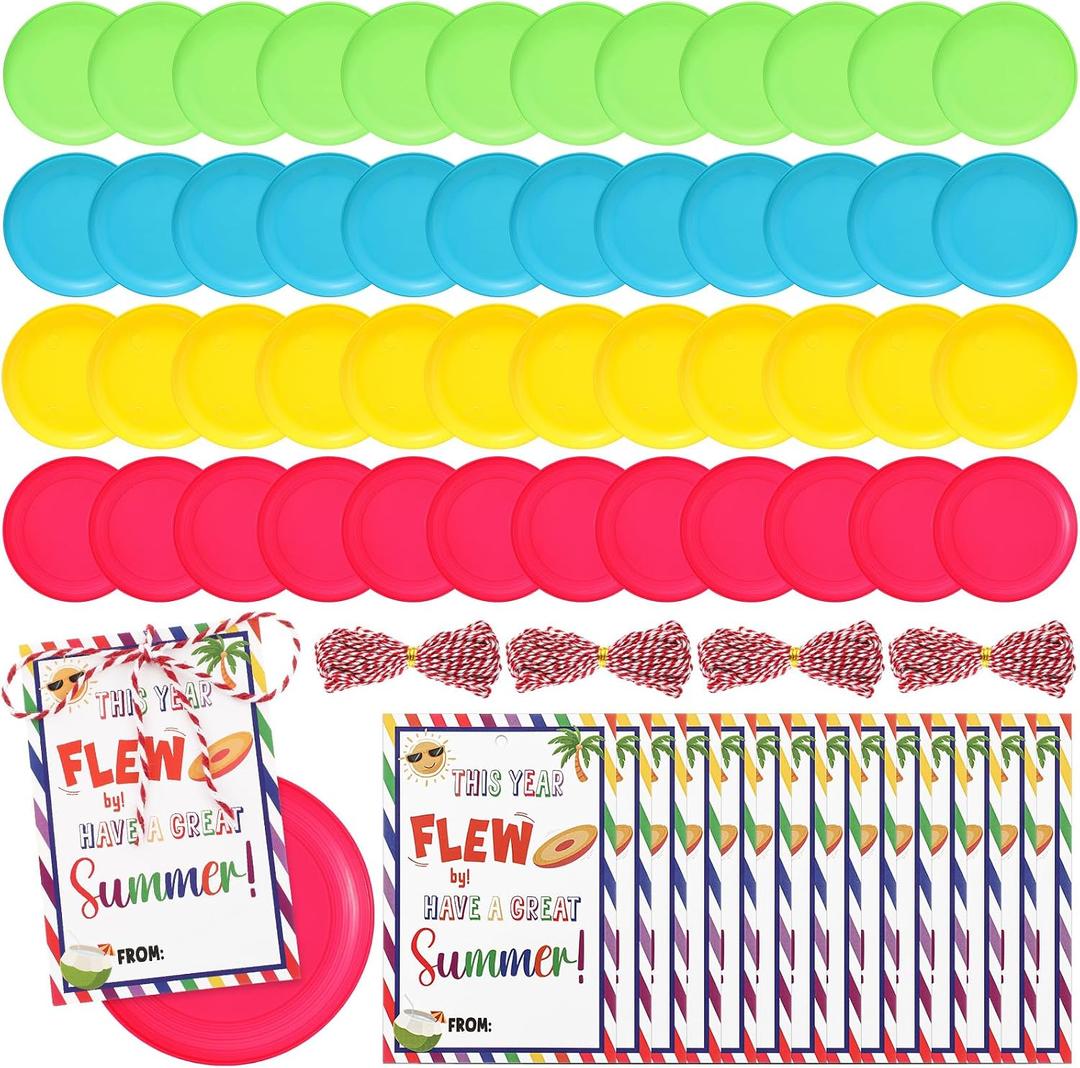 Soulchen 56 Pcs/96 Pcs End of Year Student Gift for Students from Teacher 3.4" Flying Disc Colorful Mini Disc Flyer Toys with Card and Rope for Boy Girl Kids School Summer Graduation Supplies