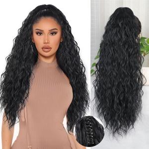 QGZ Claw Clip Ponytail Extension 26 inch Claw Clip in Ponytail Extensions for Women Long Wavy Curly Fluffy Pony Tails Hair Extensions Synthetic Hairpieces for Daily Party Use(Black)