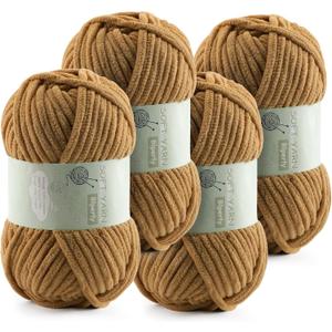 Chunky Chenille Yarn Velvet Soft Super Bulky Size 6 for Crocheting Knitting, Baby Blanket Yarn, 100g 71 Yds per Skein, Easy to Use for Scarves, Amigurumi, Crafts (4, Camel Color)