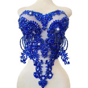 Handmade red/Blue/Gold/Green Rhinestones lace Bodice Applique Sewing Beads Crystal Trim Patches Accessory for Dress Clothes (Blue)