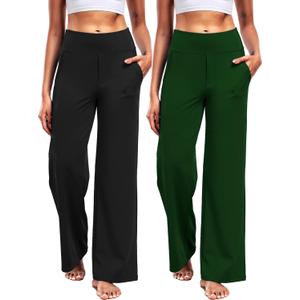 CADMUS Wide Leg Pants for Women Yoga Work Pants with Pockets High Waist Lounge Sweatpants Dress Pants 29",Black,Green,2XL