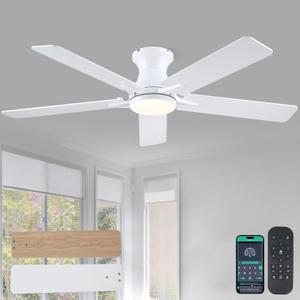 Low Profile Ceiling Fans with Lights and Remote Control, 52" White Ceiling Fans with Reversible Quiet Motor, Modern Flush Mount Ceiling Fan Light for Indoor&Outdoor with Cover
