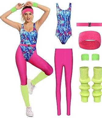 MASSWO Womens Aerobics Costume 80s Workout Outfit 90s Accessories Set Retro Jogging Suit Waist Bag Gym Yoga Running S