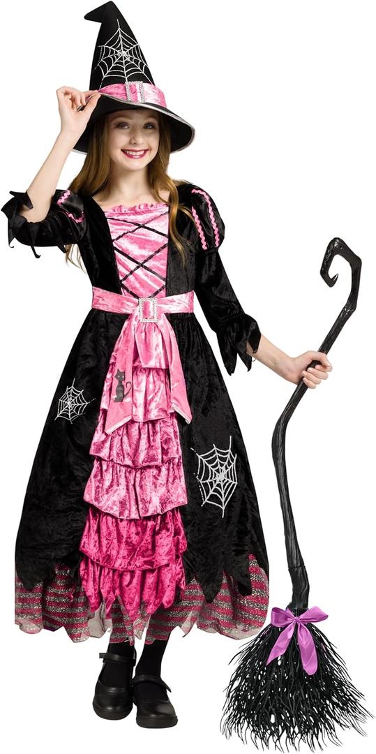 Spooktacular Creations Fairytale Witch Cute Witch Costume Deluxe Set with Broom for Girls (Medium(8-10 yrs), Pink)