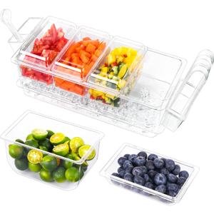 Ice Chilled Condiment Organizer with Detachable Ice Box & Hanging Side Bins  Ice Chilled Taco Bar Serving for Parties, Fruits, Salad  Includes Tongs, Spoons (BPA-Free) (4 Compartments)