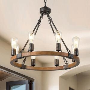 Farmhouse Wagon Wheel Chandelier 23.6" Oak Wood Chandelier Light Fixture 8-Light Rustic Chandeliers for Dining Room Living Room Entryway Foyer