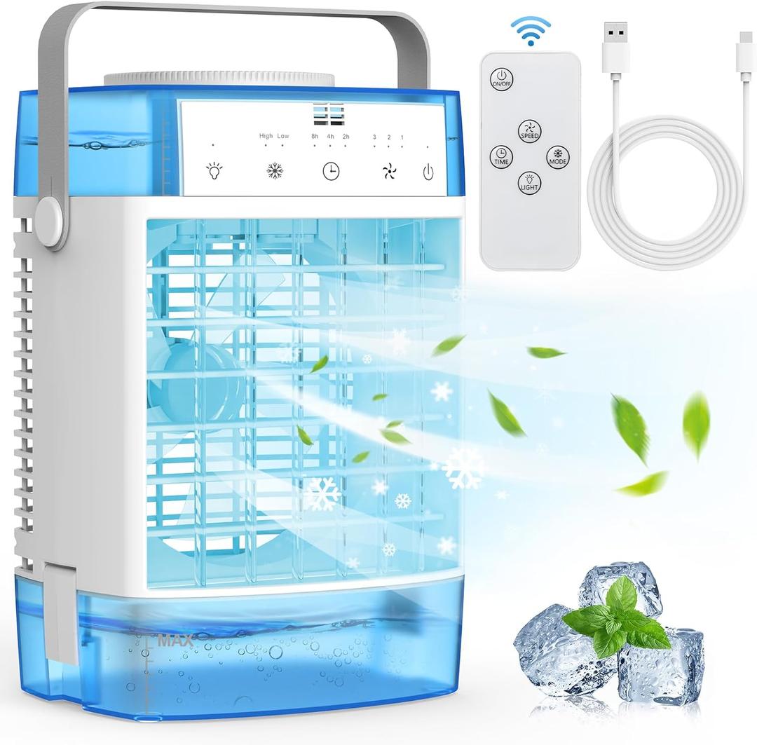 Portable Air Conditioners, 1600ml Portable AC Unit with Remote Control, Powerful 3 Speeds 7 Colors LED Evaporative Air Cooler with Timer, Personal Mini Air Conditioner Portable for Bedroom Room