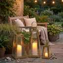 TRIROCKS Set of 3 Stainless Steel Candle Lantern 21/16/11''H Metal Outdoor Candle Holder Decorative Hanging Lantern with Tempered Glass for Home Living Room Parties Event Indoor Outdoor(Gold Triangle)