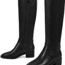 ISNOM Knee High Boots Women Chunky Low Heel Square Toe Elastic Boots Side Zipper Faux Leather Fall Long Tall Boot (8.5, Black-block Heels)