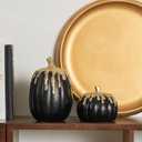 WDS WONDROUS Black and Gold Pumpkins Decoration Halloween and Fall Modern Decor, 2 PCS Artificial Resin Pumpkins Table Centerpiece for Autumn Thanksgiving Halloween Party Indoor Home Decor