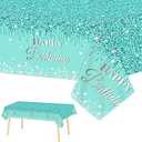 3 Pieces Teal and Silver Birthday Tablecloths for Happy Birthday Party Decorations Plastic Disposable Breakfast Blue Theme Table Covers for Girls Women Silver GlitterParty Supplies, 54 x 108 Inches