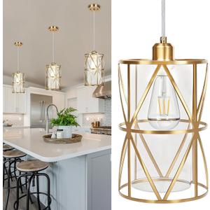 Brushed Gold Pendant Light, 7"10" Dual-Shade Kitchen Island Lighting with Clear Glass Shade, E26 Adjustable Height 1"-61", UL Listed, for Dining Room Foyer Entryway  Bulbs Not Included