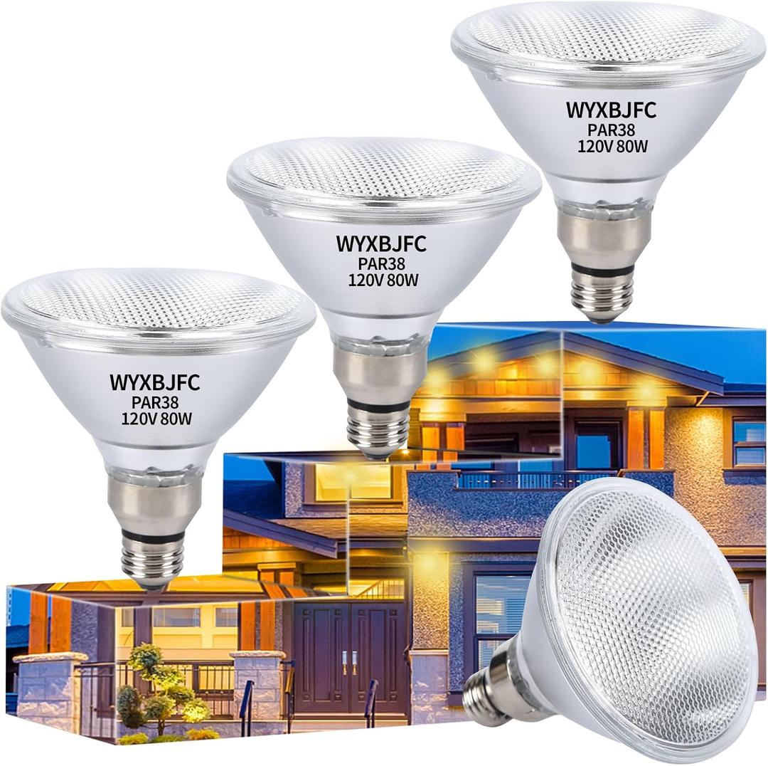 Par38 Outdoor Flood Light Bulb,4 Pack Halogen Flood Light Bulbs, 80W Dimmable Flood Light Bulbs with E26 Base, 2800K Warm White Floodlight Bulbs Outdoor and Indoor